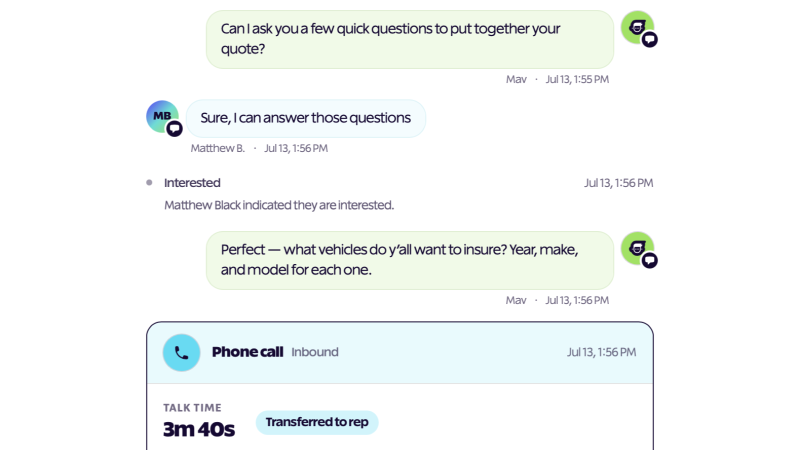 The contact feed, with an avatar on every text and a call card that leads with talk time and the outcome
